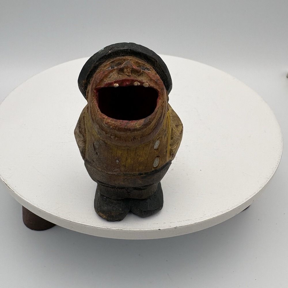 Toothpick Holder Man Big Mouth Wood Hand Carved Vintage Italy